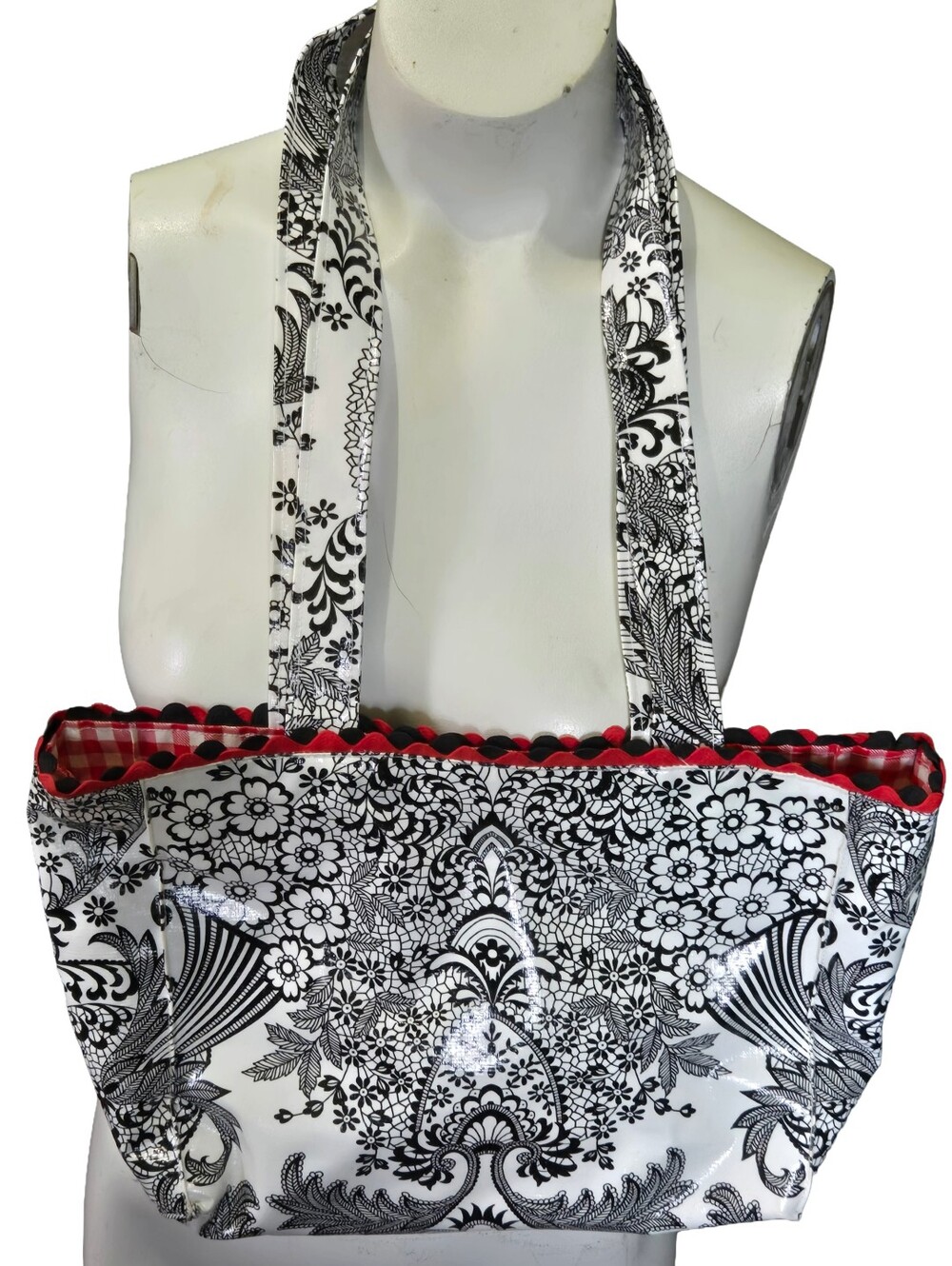 Handmade Black White Floral Mini Tote Bag Red Gingham Lined Oilcloth Purse - Picture 1 of 2